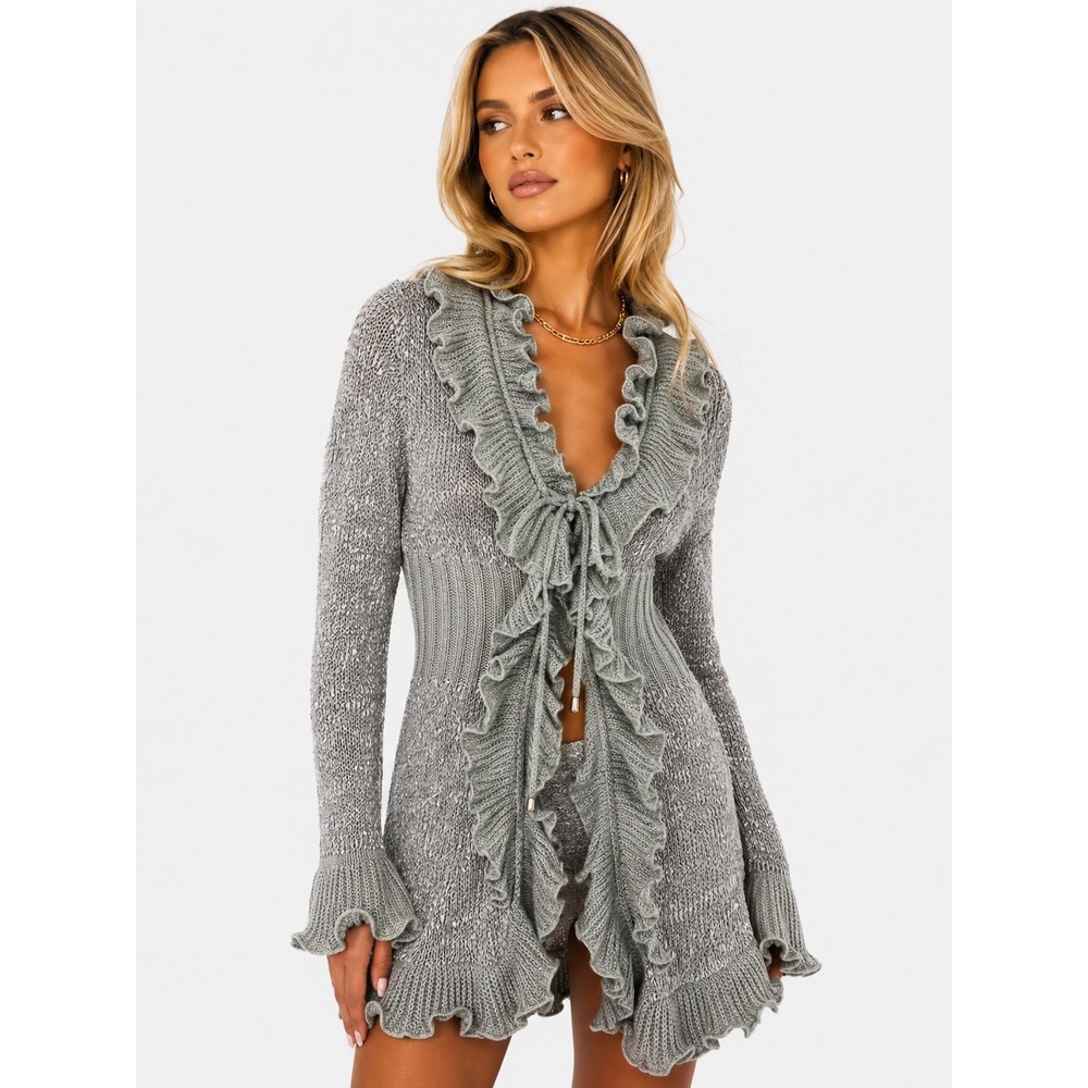 Sioni Studio Silver Gray Ruffled Knit Cardigan Sweater Open Front Long S